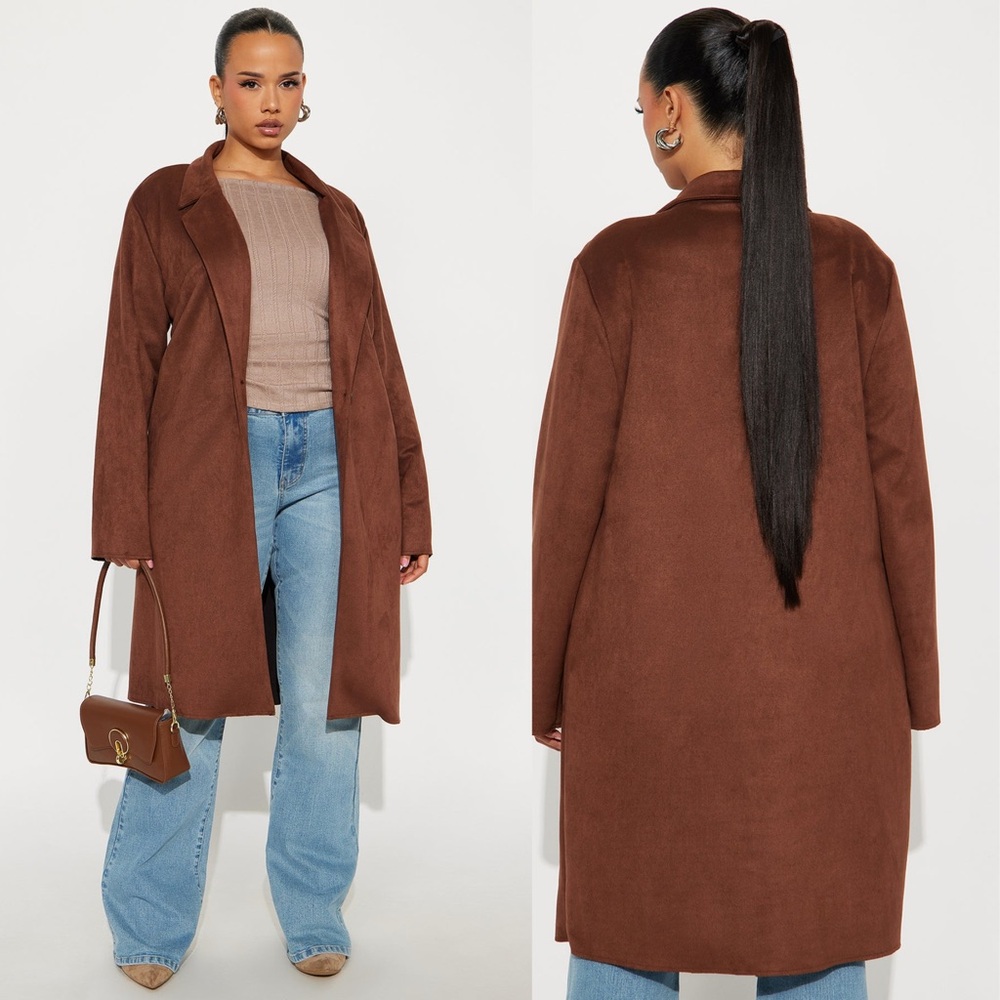 Ambiance Outerwear Lux Chocolate Brown Faux Suede Statement Coat Longline Size M